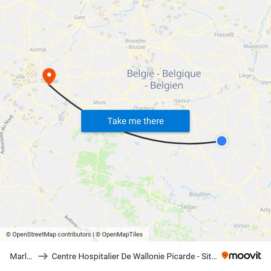Marloie to Centre Hospitalier De Wallonie Picarde - Site Union map