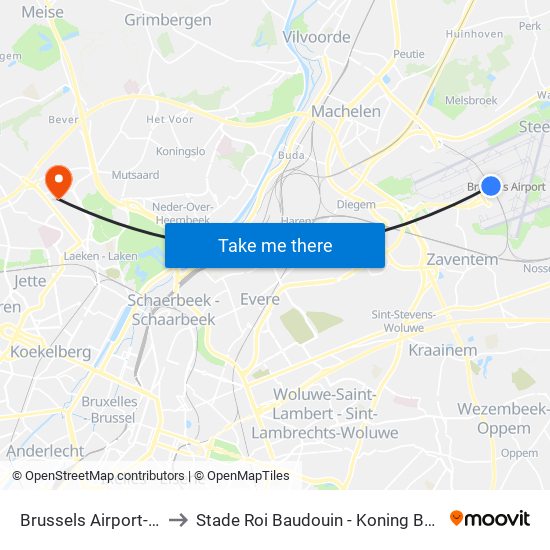 Brussels Airport-Zaventem to Stade Roi Baudouin - Koning Boudewijnstadion map