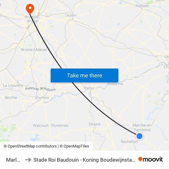 Marloie to Stade Roi Baudouin - Koning Boudewijnstadion map