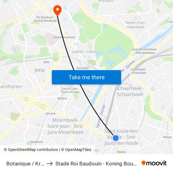 Botanique / Kruidtuin to Stade Roi Baudouin - Koning Boudewijnstadion map