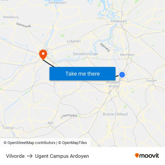 Vilvorde to Ugent Campus Ardoyen map