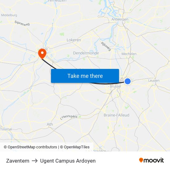 Zaventem to Ugent Campus Ardoyen map