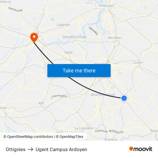 Ottignies to Ugent Campus Ardoyen map