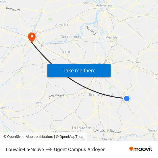 Louvain-La-Neuve to Ugent Campus Ardoyen map