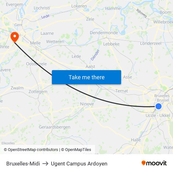 Bruxelles-Midi to Ugent Campus Ardoyen map