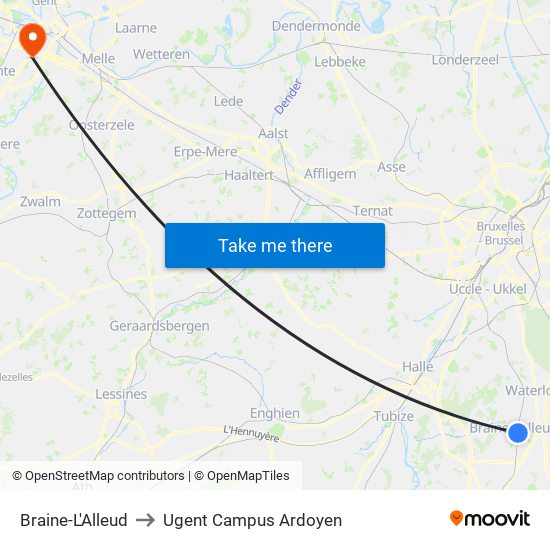 Braine-L'Alleud to Ugent Campus Ardoyen map