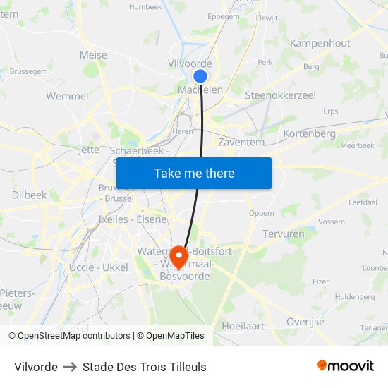 Vilvorde to Stade Des Trois Tilleuls map