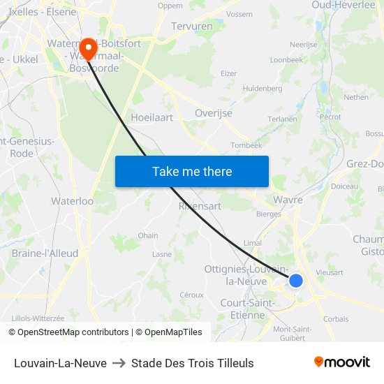 Louvain-La-Neuve to Stade Des Trois Tilleuls map