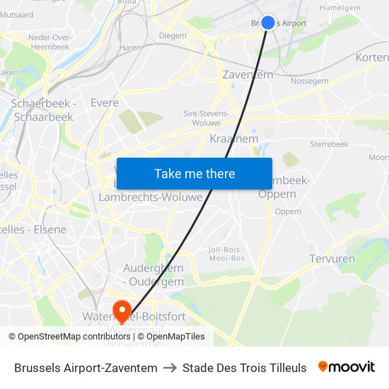 Brussels Airport-Zaventem to Stade Des Trois Tilleuls map