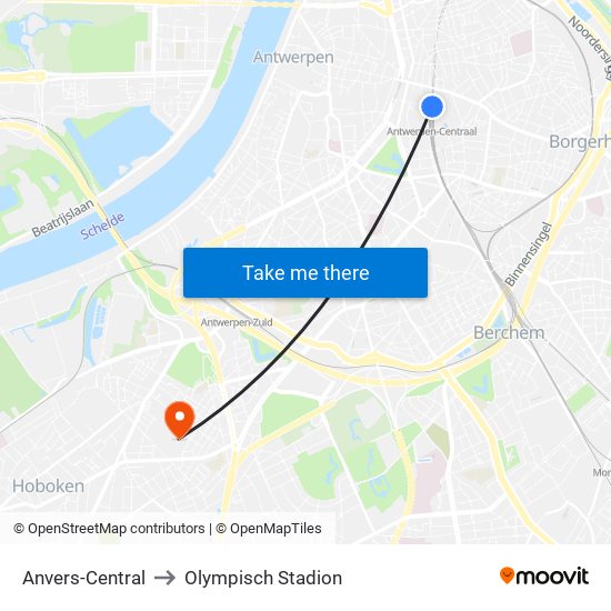 Anvers-Central to Olympisch Stadion map