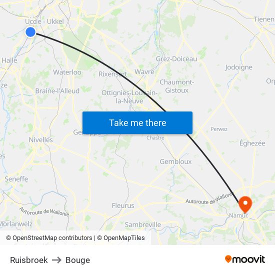 Ruisbroek to Bouge map