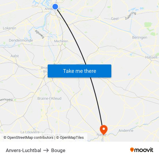 Anvers-Luchtbal to Bouge map