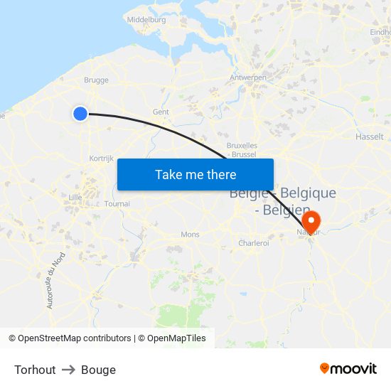 Torhout to Bouge map