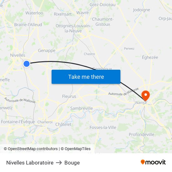 Nivelles Laboratoire to Bouge map