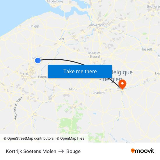 Kortrijk Soetens Molen to Bouge map