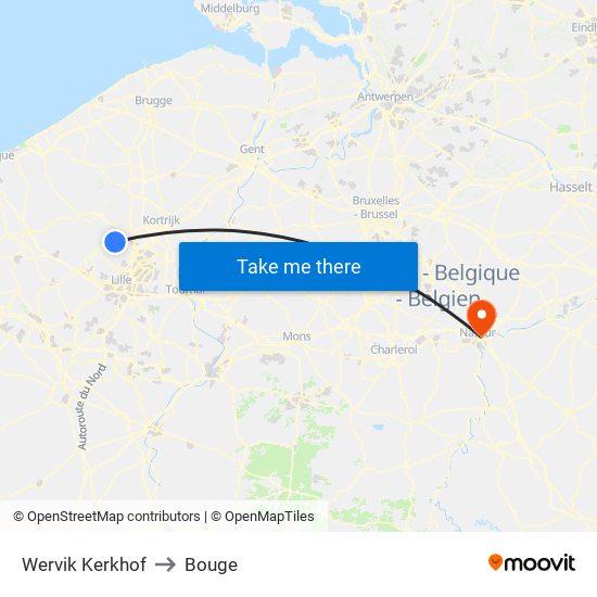 Wervik Kerkhof to Bouge map