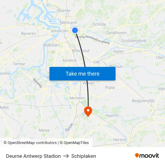 Deurne Antwerp Stadion to Schiplaken map