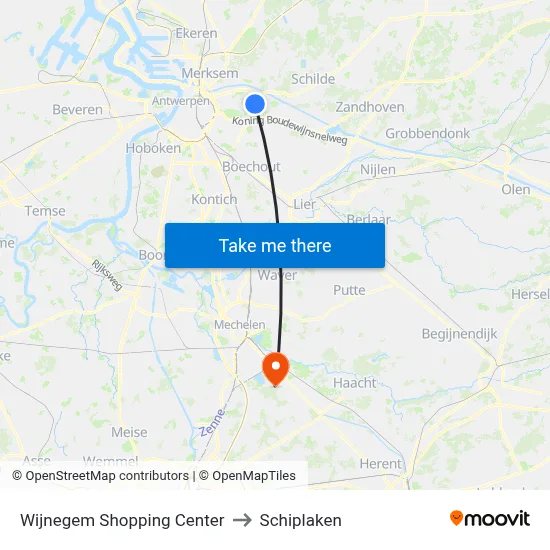 Wijnegem Shopping Center to Schiplaken map