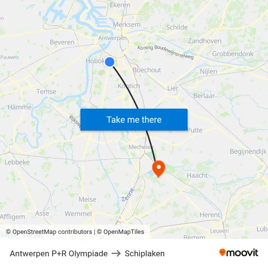 Antwerpen P+R Olympiade to Schiplaken map