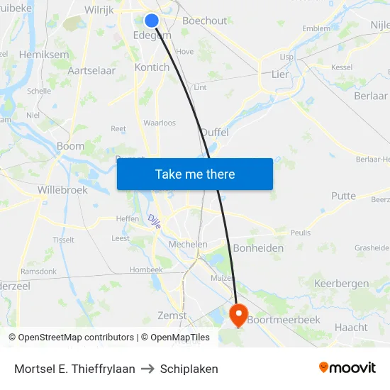 Mortsel E. Thieffrylaan to Schiplaken map