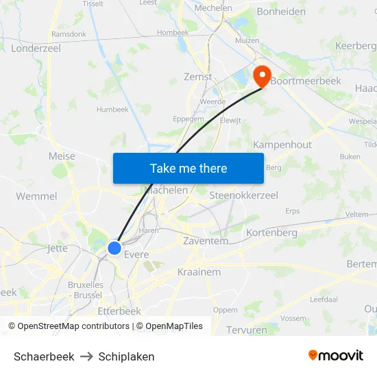 Schaerbeek to Schiplaken map