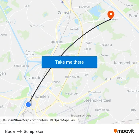 Buda to Schiplaken map