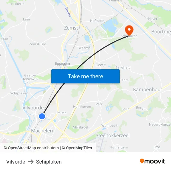 Vilvorde to Schiplaken map