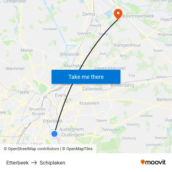 Etterbeek to Schiplaken map