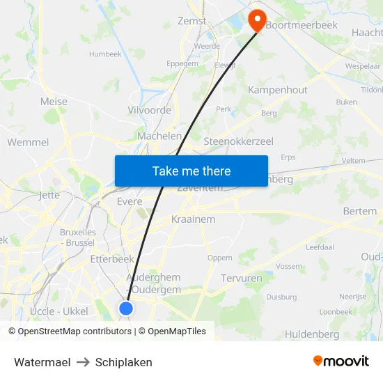 Watermael to Schiplaken map