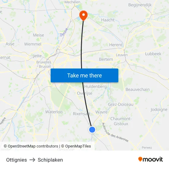 Ottignies to Schiplaken map