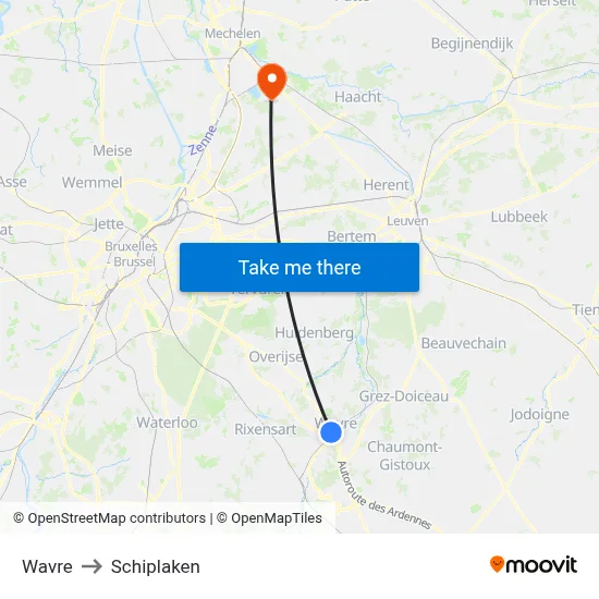 Wavre to Schiplaken map