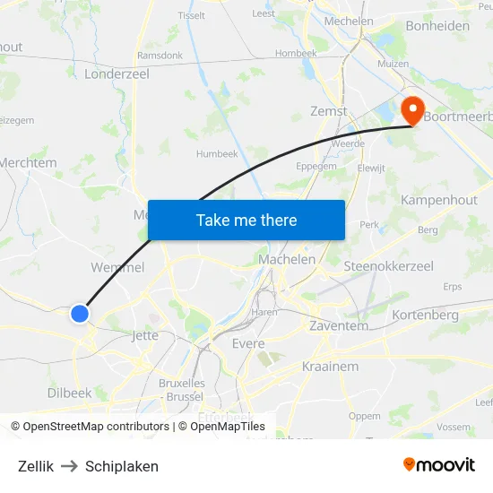Zellik to Schiplaken map