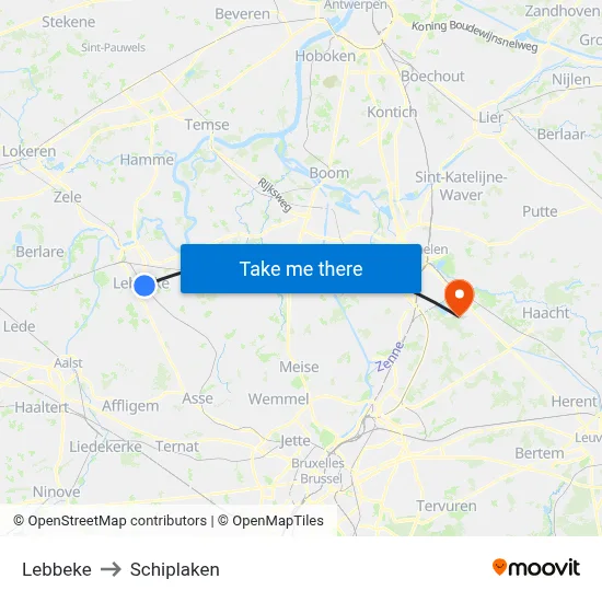 Lebbeke to Schiplaken map