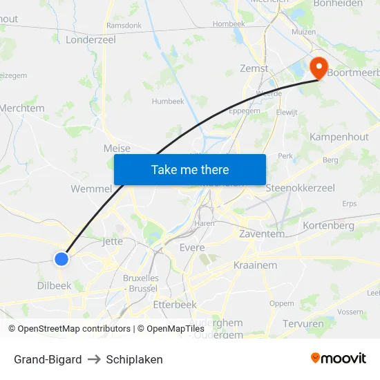 Grand-Bigard to Schiplaken map