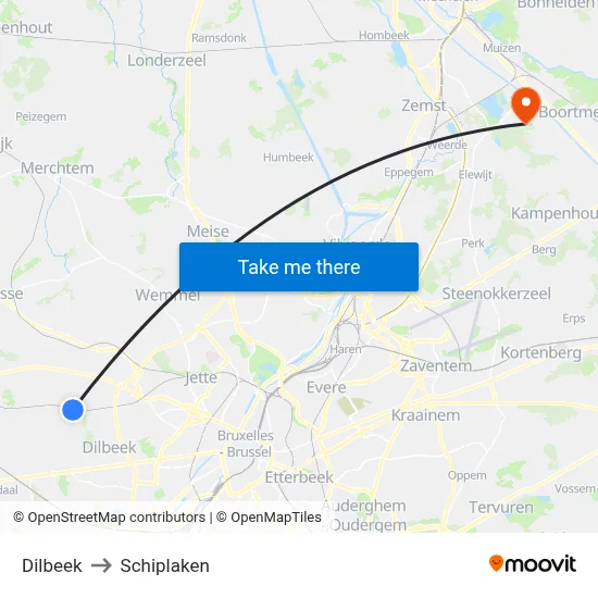 Dilbeek to Schiplaken map