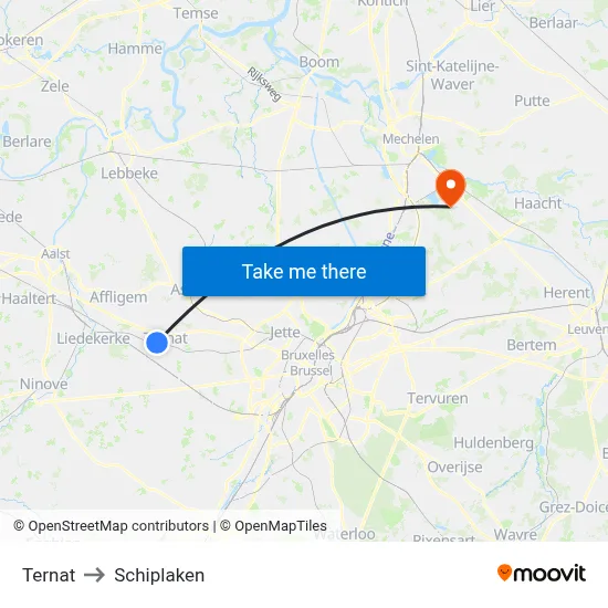 Ternat to Schiplaken map