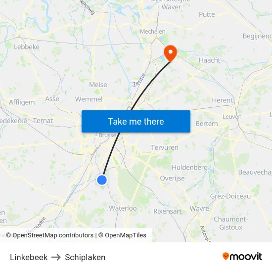 Linkebeek to Schiplaken map