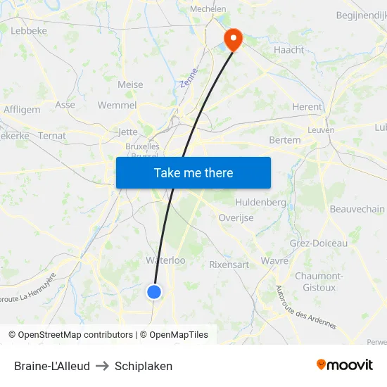 Braine-L'Alleud to Schiplaken map