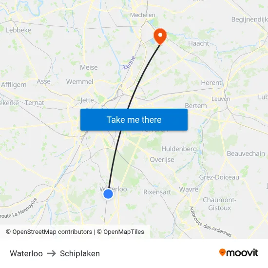 Waterloo to Schiplaken map