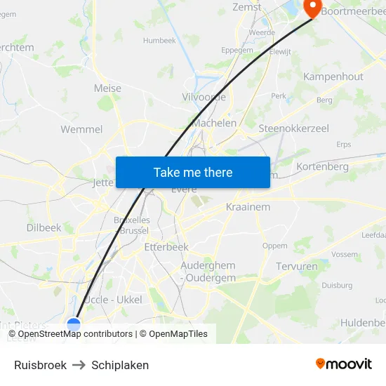 Ruisbroek to Schiplaken map