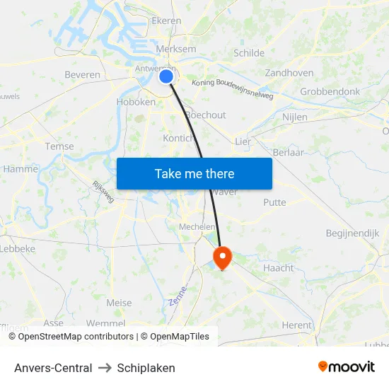 Anvers-Central to Schiplaken map