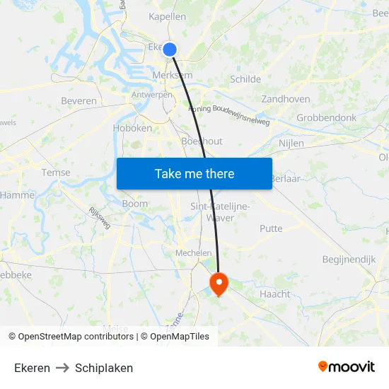 Ekeren to Schiplaken map