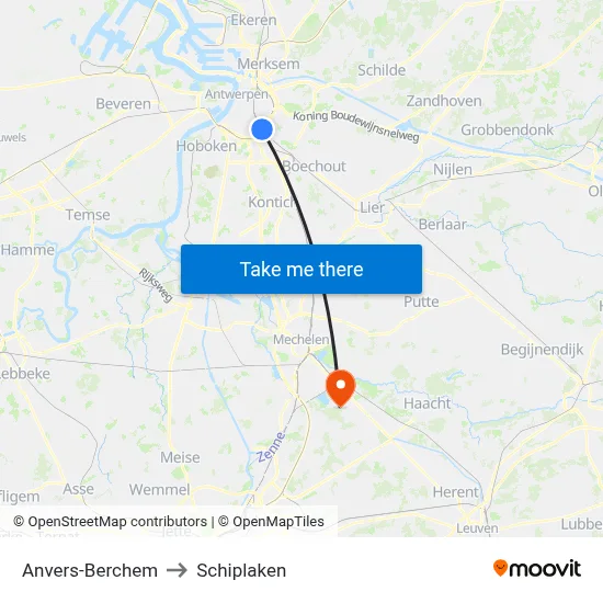 Anvers-Berchem to Schiplaken map