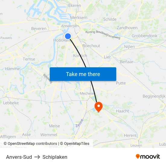 Anvers-Sud to Schiplaken map