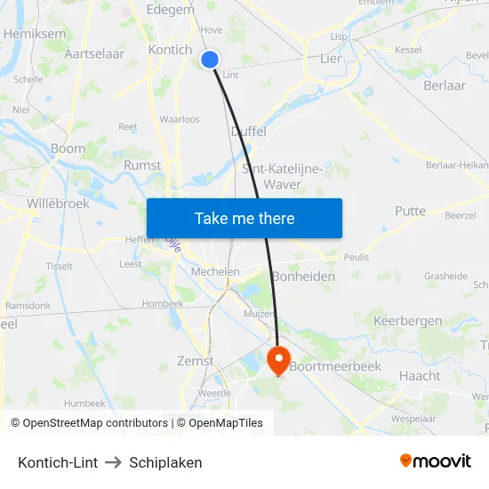 Kontich-Lint to Schiplaken map