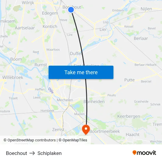 Boechout to Schiplaken map
