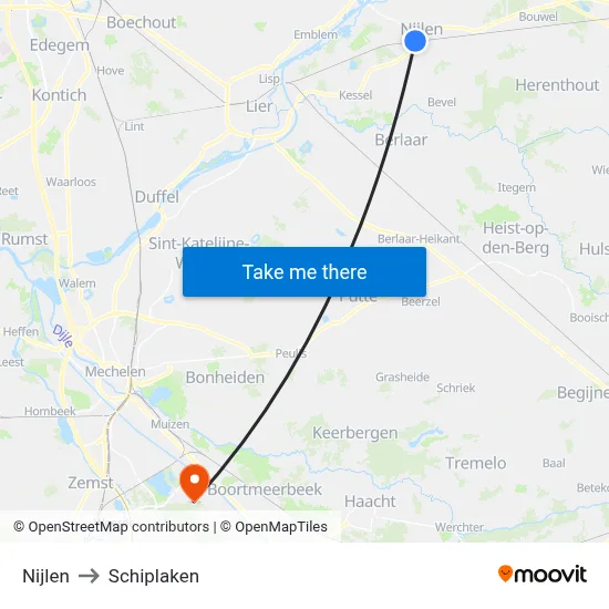 Nijlen to Schiplaken map