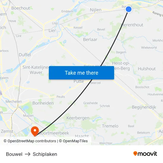 Bouwel to Schiplaken map