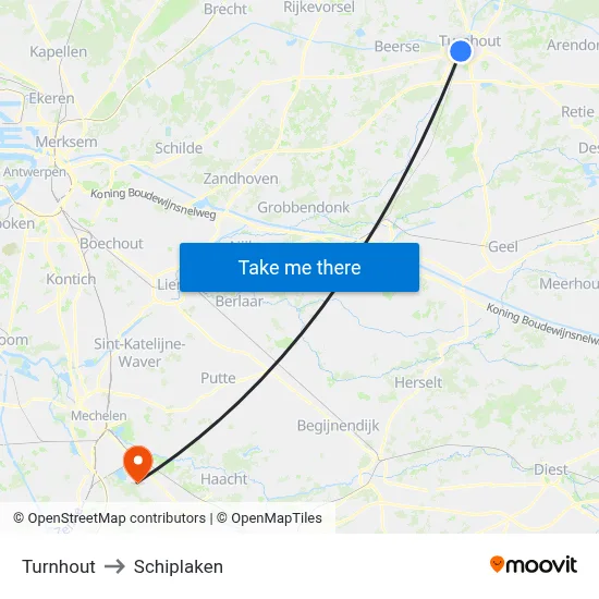 Turnhout to Schiplaken map