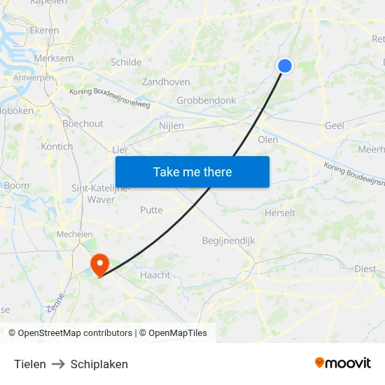Tielen to Schiplaken map